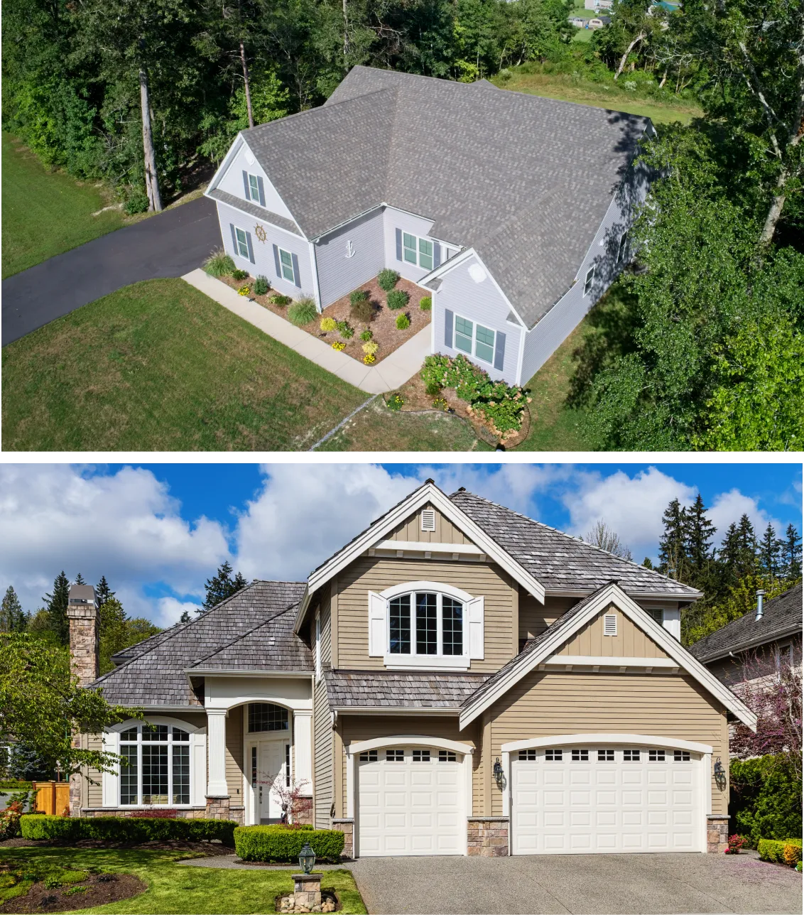 Aerial and ground views of two houses.